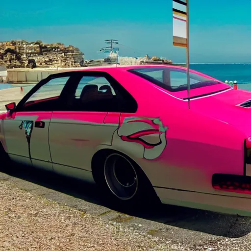 Image similar to bosozoku car in front of the Mediterranean coast