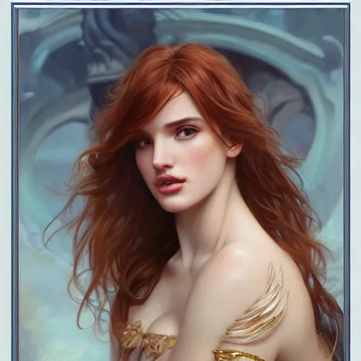 Image similar to ultra realistic illustration, bella thorne as tinder, intricate, elegant, highly detailed, digital painting, artstation, concept art, smooth, sharp focus, illustration, art by artgerm and greg rutkowski and alphonse mucha