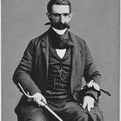 Image similar to victorian era photograph of gordon freeman with a headcrab on his head