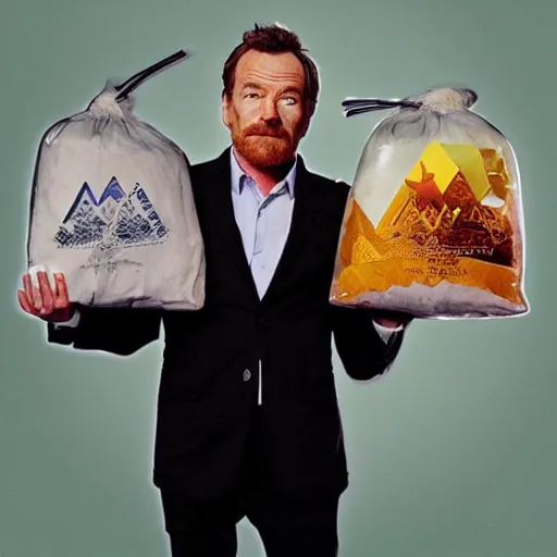 Image similar to bryan cranston holding a bag of meth inspired by Rene Laloux Dan Mumford