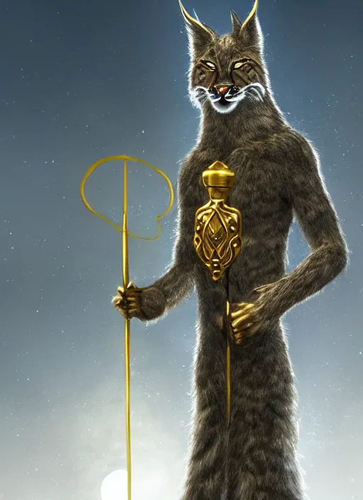 Prompt: anthropomorphic lynx holding a golden shiny scepter, night, spruce trees on the sides, mountains in the background, eerie dark atmosphere, moonlit, back light, fantasy movie, fantasy art, fantasy matte painting, trending on artstation