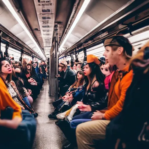 Prompt: Master shot of a group of friends talking while standing inside a crowded compartment of the New York metro full of people in Halloween costumes, scary costumes, cinematic, 4k, thriller