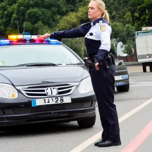 Prompt: traffic policewoman telling you to stop