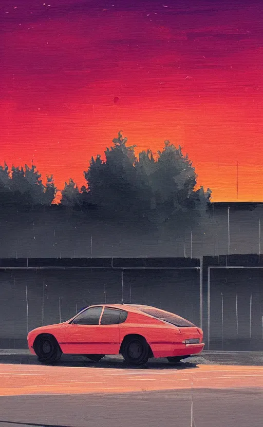Prompt: a beautiful illustration of a car parket near a highway at sunset, art of alena aenami, featured on artstation, vertical orientation, paint brush strokes, expressionism, brushstroke - laden