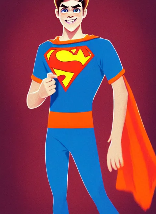 Image similar to friendly teenage archie andrews wearing an orange superhero costume with heart logo, heart, orange costume, blue cape, freckles, cape, heart emblem on chest, heart, blue cape, intricate, elegant, glowing lights, highly detailed, digital painting, artstation, sharp focus, illustration, art by wlop, mars ravelo and greg rutkowski