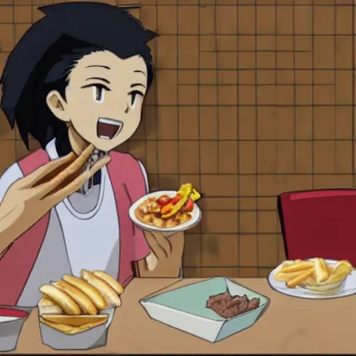 Image similar to Tanjiro Kamado eating at McDonalds; anime