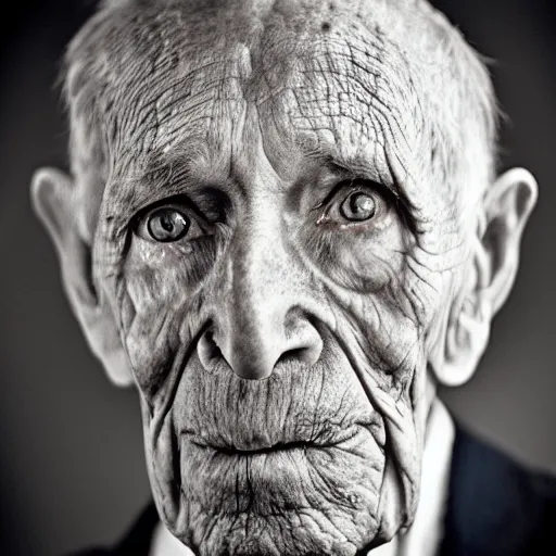 Image similar to color photo, cloes up portrait of a blind 100 year old war veteran by richard avedon, realistic, Leica, medium format, cinematic lighting, parallax, high resolution,