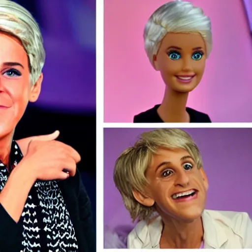 Image similar to barbie jeffrey epstein guest appearance on the elen degeneres show, plastic mannequins with cone shaped heads in the crowd, highly detailed facial expressions