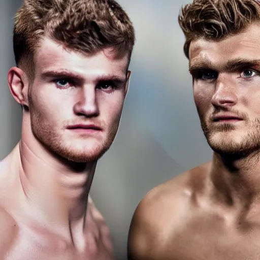 Image similar to a realistic detailed photo of a guy who is an attractive humanoid who is half robot and half humanoid, who is a male android, soccer players martin ødegaard & timo werner, shiny skin, posing like a statue, blank stare, in a factory, on display, showing off his muscles, gold soccer shorts, side view, looking at each other mindlessly