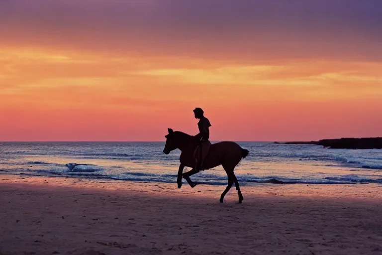 Image similar to A clockwork horse riding wild along the beach at sunset, 35mm, kodachrome, 4K UHD image