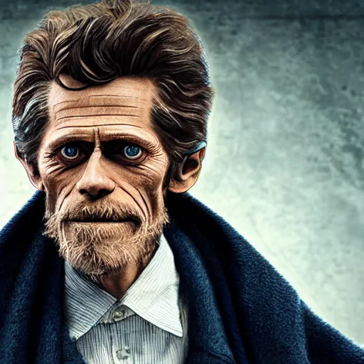 Image similar to willem dafoe as a rough dirty old man with a scruffy beard in a dark blue trenchcoat as the new doctor who, cinematic, volumetric lighting, f 8 aperture, cinematic eastman 5 3 8 4 film, photorealistic by greg rutkowski, by stanley artgerm, by alphonse mucha