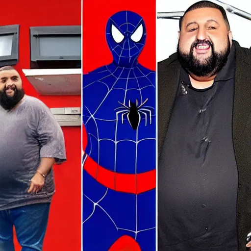 Image similar to DJ Khaled as morbidly obese Spiderman, MCU set photo, live-action adaptation, photograph