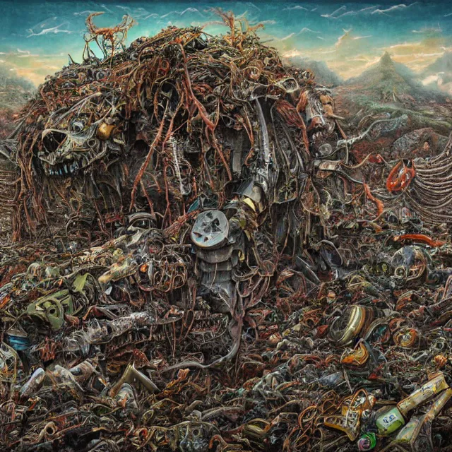 Prompt: a machine made of rubbish with long arms devours other rubbish and creatures in a giant rubbish heap full of strange and terrifying creatures, under a green sky in the distance, bones, corpses, monsters, hell, distorted, creepy, illustration, by dan seagrave, cinematic photographym, cinematic, ue 5, metal album cover art