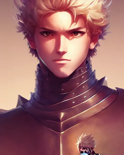 Image similar to portrait of a male knight, street clothes, fantasy, face like ester exposito, blonde shinkai makoto studio ghibli studio key hideaki anno sakimichan stanley artgerm lau rossdraws james jean marc simonetti elegant highly detailed digital painting artstation pixiv