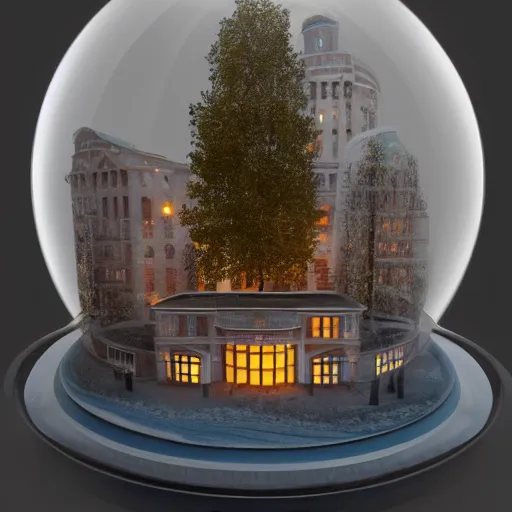Prompt: a snow globe with a soviet apartemnt building in it, a computer rendering by leandro erlich, trending on cgsociety, retrofuturism, tesseract, isometric, physically based rendering