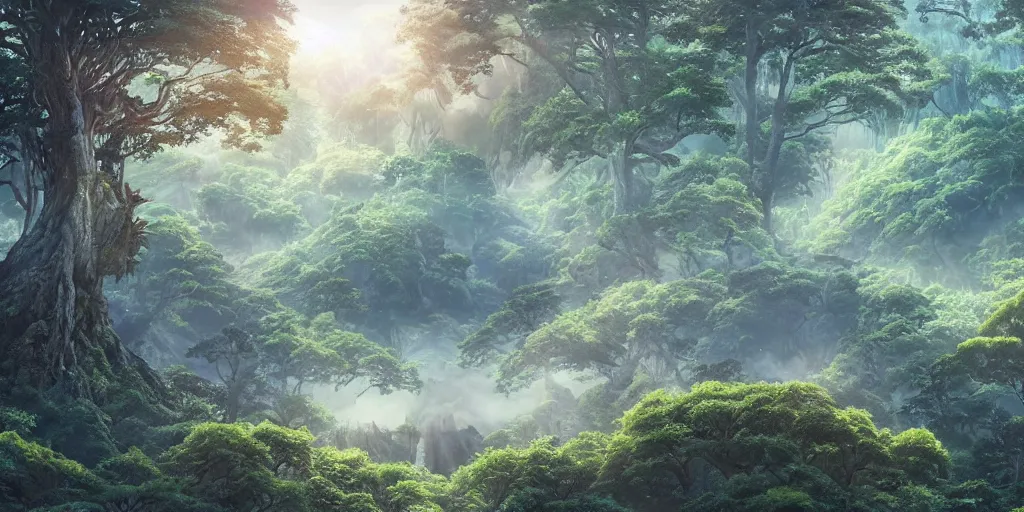 Image similar to close up of a giant monster rising from a forest. view from tree tops, 4 k, artgerm, high detail, dramatic lighting, sunset, hayao miyazaki, masashi ando, nizou yamamoto, kazuo oga, joe hisaishi, yoji takeshige, naoya tanaka