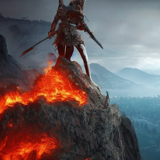 Prompt: warlord standing over a cliff with a city burning behind unreal 4k, digital art,