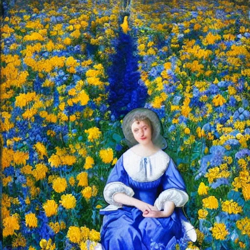 Prompt: a woman in a blue and white dress sitting in a garden of blue and yellow flowers, a photorealistic painting by hubert van eyck, featured on cg society, art photography, made of flowers, whimsical, detailed painting