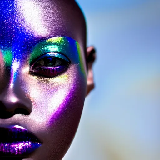 Prompt: portrait photograph of iridescent metalic face, african woman, iridescent reflections, proud looking, blue sky, 8 k, realistic, depth of field, highly detailed, art photography