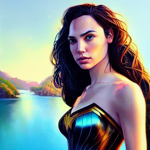 Prompt: a beautiful scenic painting of a beautiful young woman that looks like gal gadot by artgerm and wlop and wes anderson and spike jonze