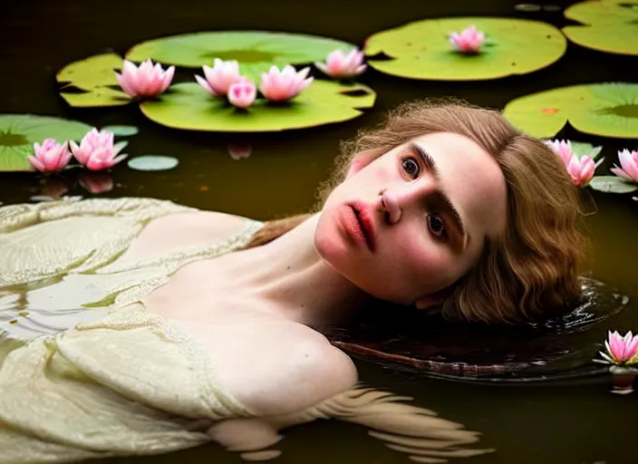 Image similar to 8K, soft light, warm volumetric lighting, highly detailed, brit marling style 3/4 ,view from above of close-up portrait photo of a beautiful woman how pre-Raphaelites painter, face is emerging of a pond with beautiful water lilies, she has a beautiful lace dress and hair are intricate with highly detailed realistic beautiful flowers , Realistic, Refined, Highly Detailed, natural outdoor soft pastel lighting colors scheme, faded colors, outdoor fine art photography, Hyper realistic, photo realistic,warm lighting,