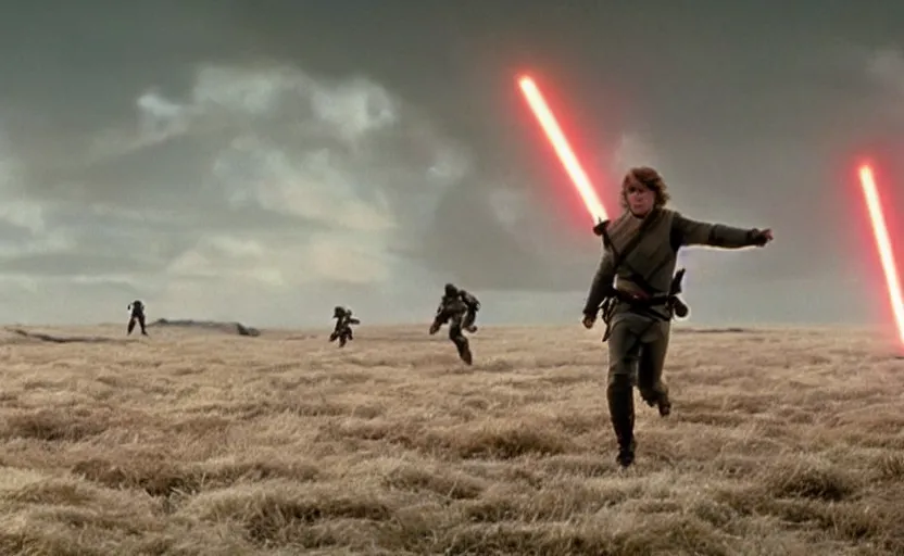 Prompt: screenshot portrait of Luke Skywalker running in a windy fiery battlefield with scattered parts of AT-AT walkers, with young jedi army behind him, iconic scene from 1983 film by Stanley Kubrick, last jedi, 4k HD, movie still, explosions, cinematic lighting, beautiful portrait of Mark Hammill, moody scene, stunning cinematography, anamorphic lenses, kodak color film stock