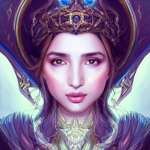 Prompt: head-on symmetrical centered painted portrait, Mahira Khan as a D&D wizard, Azure robes, fantasy, intricate, elegant, highly detailed, digital painting, smooth, sharp focus, illustration, artstation, in the style of Artgerm and Anna Podedworna and Alex Ross