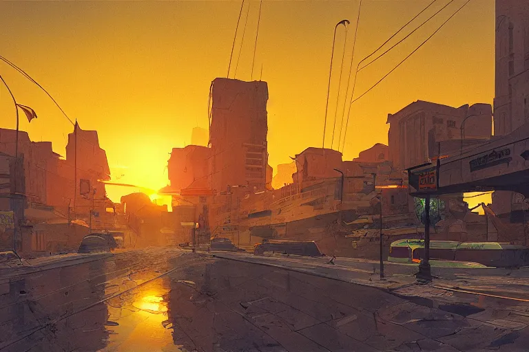 Prompt: bucharest streets sunset by chris foss, artwork, artstation, concept art