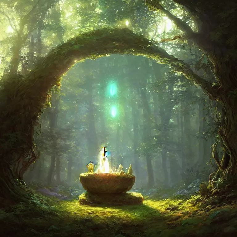 Image similar to Fantasy Magical fairy-tale glowing stone portal in the forest. Round stone portal teleport in trees to other worlds. Fantastic landscape. Magic Altar in the fores, highly detailed, digital painting, concept art, smooth, sharp focus, illustration, art by greg rutkowski and alphonse mucha