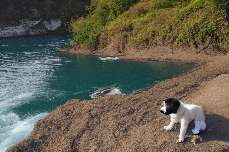 Image similar to a puppy is looking directly at the wavy water current below it while it stands at an edge of a cliff