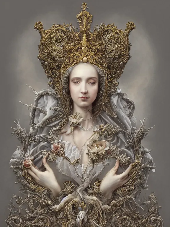 Prompt: a beautiful render of rococo catholic veiled queen with symmetry intricate detailed,by Nekro and aaron horkey and peter gric and Cedric Peyravernay and Billelis,Trending on artstation,ZBrush,masterpiece,maximalist,glittering,gold,silver，ivory,hyperreal