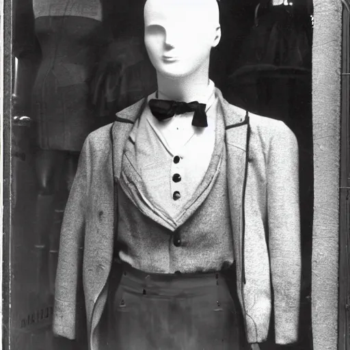 Prompt: 1 9 1 0 paris store window, manikin, suit, wax head, photograph, style of atget, old, creepy, smiling