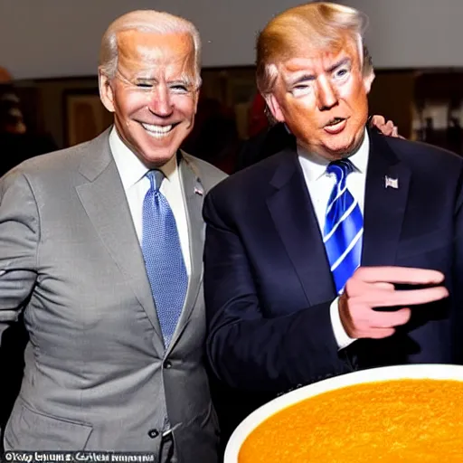 Prompt: Joe Biden and Donald Trump hang gliding together over a giant bowl of nacho cheese