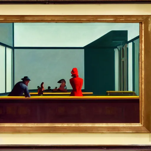 Image similar to painting, view from inside edward hopper's painting nighthawks, of people in art museum looking at the painting, by magrirre, by neo rauch