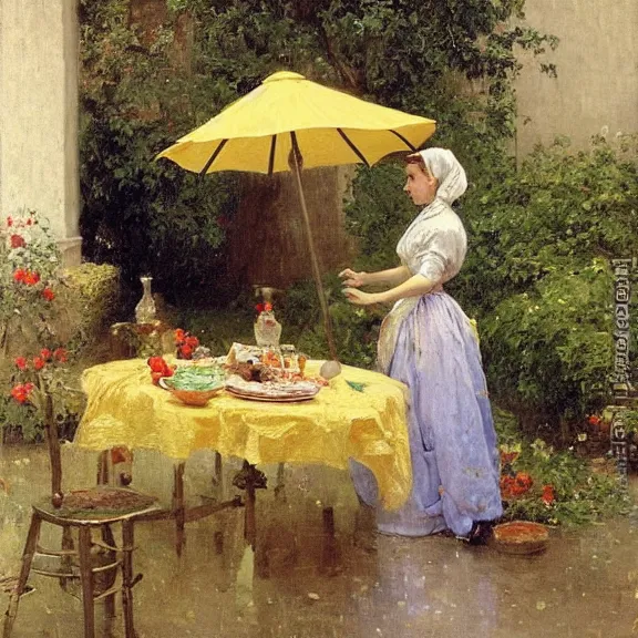 Image similar to a gorgeous housewife putting dishes on a table in the backyard, the table has a parasol, rainy scene, 1 9 5 0's, medium symmetry, by ilya repin, extreme detail, 8 k, intricate abstract, photorealistic