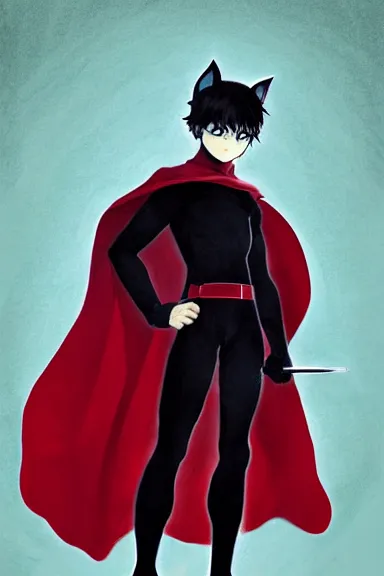 Image similar to little boy with cat ears in an black outfit with red cape. digital artwork made by lois van baarle and kentaro miura and marc simonetti, sharpness focus, inspired by hirohiko araki, anatomically correct, heroic composition, hero pose, smooth, concept art