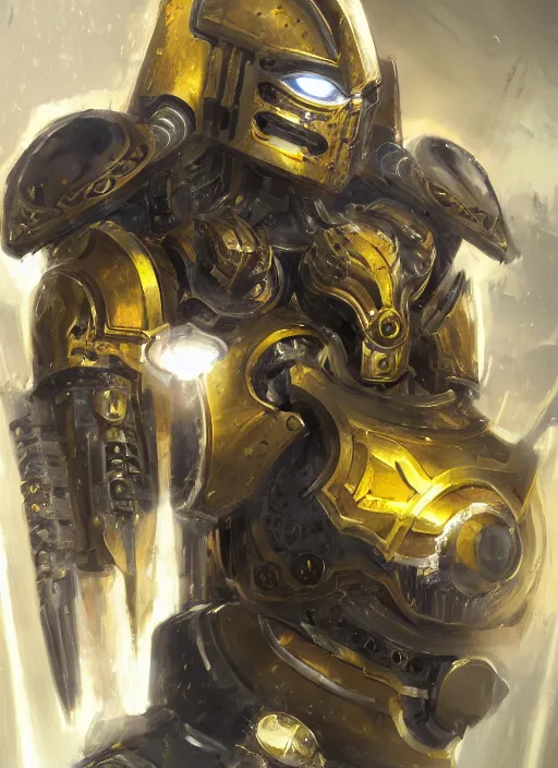 Image similar to dynamic attack position abstract portrait of a intricate glorious holy mechanical warforged character in yellow armor holding a paladin engraved great longsword drawn and carrying a big paladin shield, beam projector when eye is, face in focus, epic , trending on ArtStation, masterpiece, cinematic lighting, by Ross Tran and by Greg Rutkowski