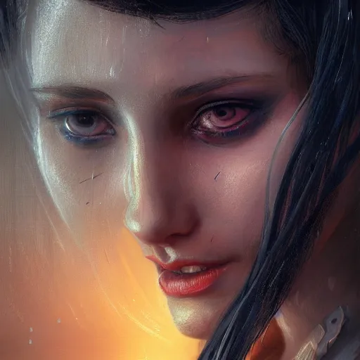 Image similar to closeup portrait of a young beautiful cyberpunk woman, eye implants, black hair, sunset, neuromancer, cyberpunk city background, megacity, gorgeous view, depth, painted by seb mckinnon, high detail, digital art, painted by greg rutkowski, trending on artstation