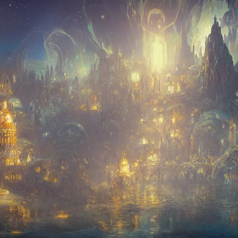 Image similar to a beautiful painting of the towers, domes, and pinnacles of the city of atlantis, underwater with glowing lights, fish and jellyfish, with the night sky with stars above, intricate, elegant, highly detailed, digital painting, artstation, concept art, by krenz cushart and artem demura and alphonse mucha