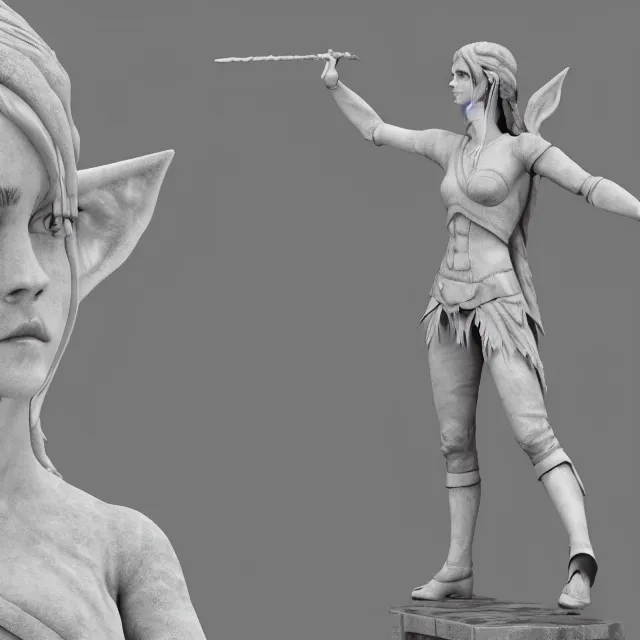 Image similar to marble sculpture of emma watson as an elf warrior, realistic, unreal engine render, octane render, hyper realistic, photo, 8 k, cinematic lighting