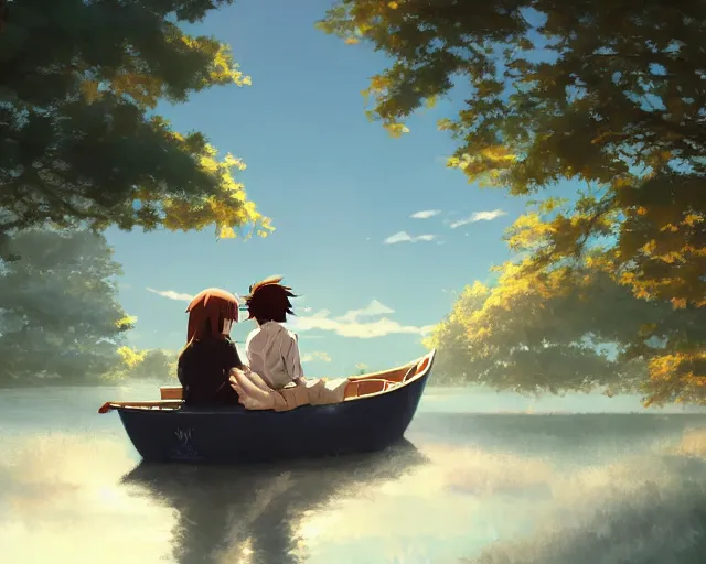 Prompt: a boy and a girl with long flowing auburn hair, boy has short black hair, sitting together in one single boat. Atmospheric lighting, long shot, romantic, boy and girl are the focus, trees, blue water. Anime. By Makoto Shinkai, Stanley Artgerm Lau, WLOP, Rossdraws, James Jean, Andrei Riabovitchev, Marc Simonetti, krenz cushart, Sakimichan, D&D trending on ArtStation, digital art.