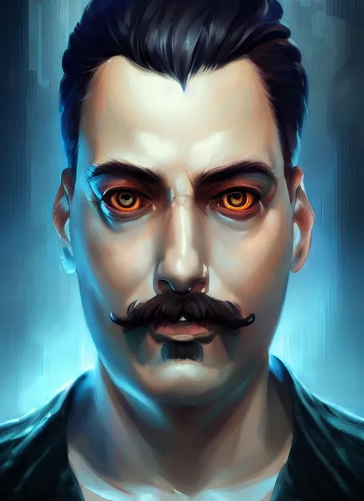 Image similar to « a portrait o cyberpunk joseph stalin, glowing eyes, a digital painting by charlie bowater, featured on cgsociety, fantasy art, behance hd, wiccan, artstation hd »