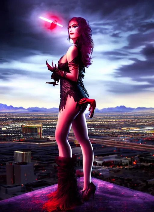 Image similar to full body portrait, vampire queen, blood, night shot of las vegas in background, highly detailed, CGsociety, subtle, concept art, HDR, hyper realistic, volumetric lighting, subsurface scattering, unreal