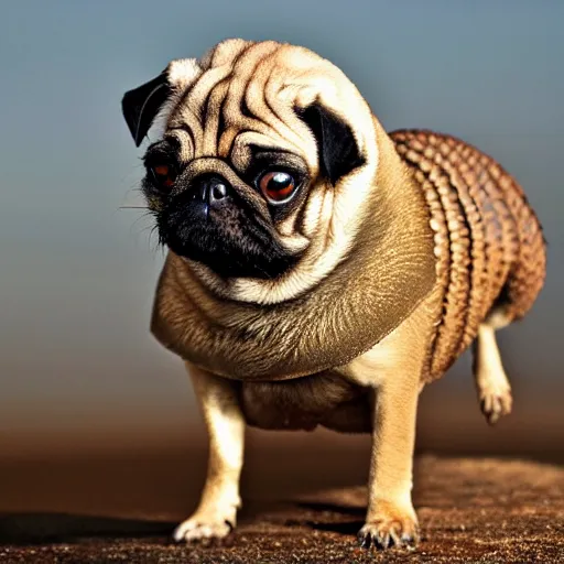 Image similar to a Pug with the armor of a pangolin, national geographic photograph