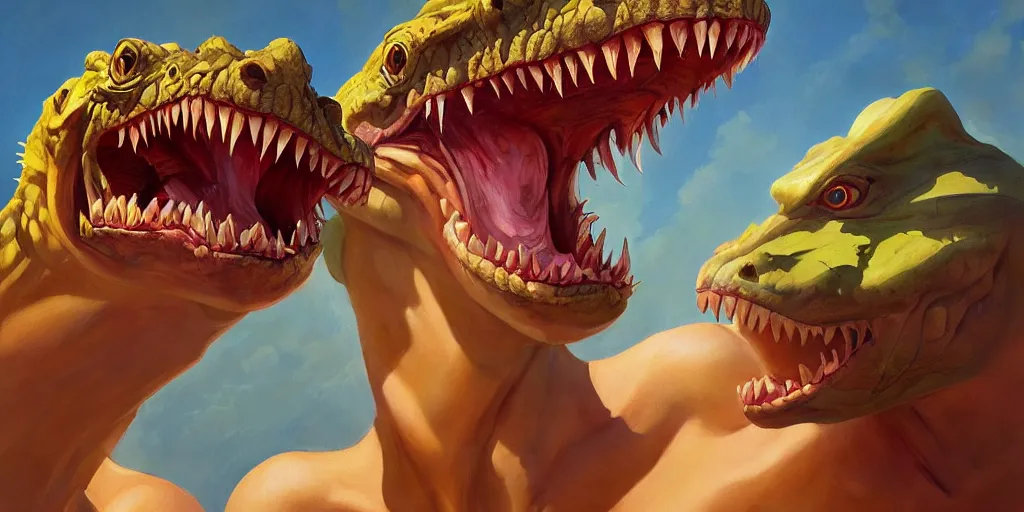 Prompt: portrait painting of smiling lizardman, medium shot, asymmetrical, profile picture, organic painting, sunny day, matte painting, bold shapes, hard edges, trending on artstation, by huang guangjian and gil elvgren and jon foster