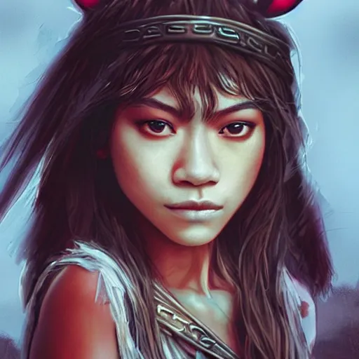 Image similar to “Zendaya, Mononoke-hime, fantasy, photorealistic, concept Art, ultra detailed portrait, 4k resolution”