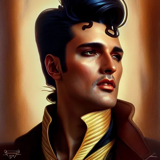 Image similar to a cinematic portrait scene male steampunk elvis presley, intricate, elegant, highly detailed, digital painting, artstation, concept art, smooth, sharp focus, illustration, art by artgerm and greg rutkowski and alphonse mucha