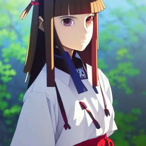 Image similar to a beautiful! boyish! natalie portman model, wearing japanese catholic school girl outfit with mayan pattern and native style, aztec street fashion, guilty gear art direction, perfect anime face, gapmoe yandere grimdark, trending on pixiv fanbox, painted by greg rutkowski makoto shinkai takashi takeuchi studio ghibli, akihiko yoshida