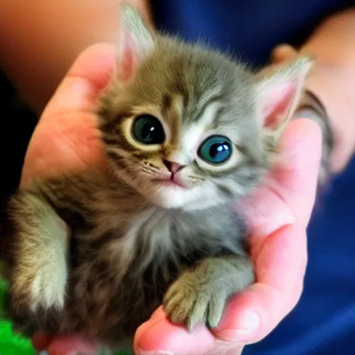 Image similar to a cute baby yoda-kitten hybrid in the palm of a person's hand and a real kitten in the other hand