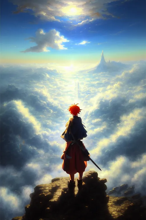 Prompt: baroque oil painting of anime key visual concept art of anime! wanderer above the sea of fog 1 8 1 8 with anime maid in armor set in grimdark fantasy, sunrays breaking through clouds, award winning, trending on artstation, palette knife! and brush strokes, oil on canvas, makoto shinkai greg rutkowski studio ghibli